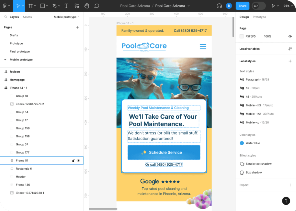 Website design of Pool Care Arizona in Figma